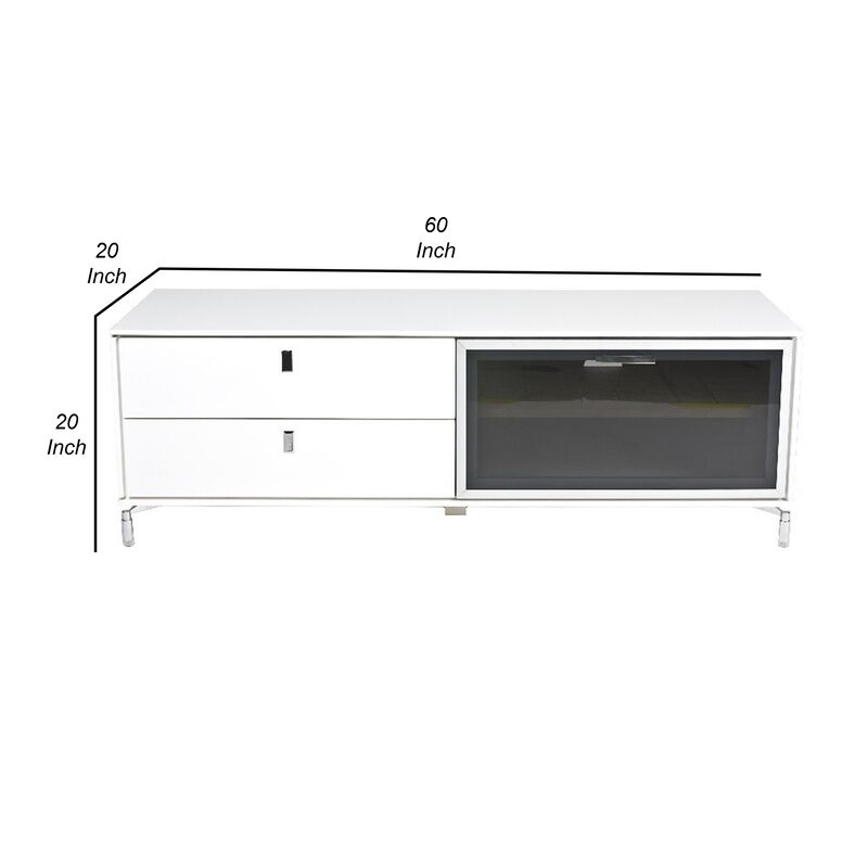 Ida 60 Inch TV Entertainment Console, Drawer, Pull Down Door, White Lacquer - Benzara