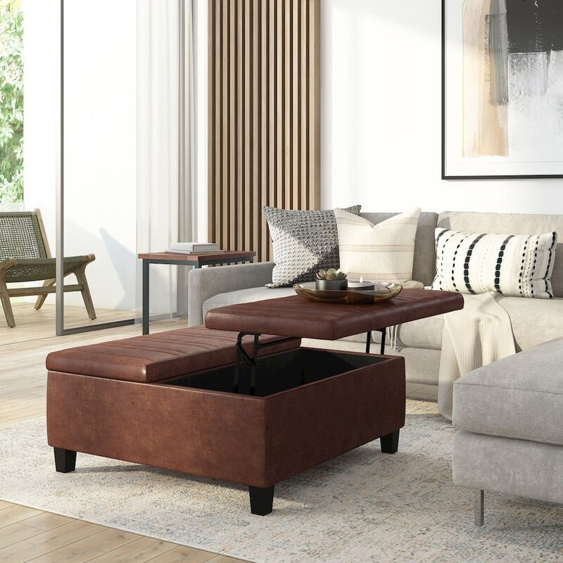 Simpli Home Ellis Coffee Table Storage Ottoman In Distressed Saddle Brown Vegan Faux Leather