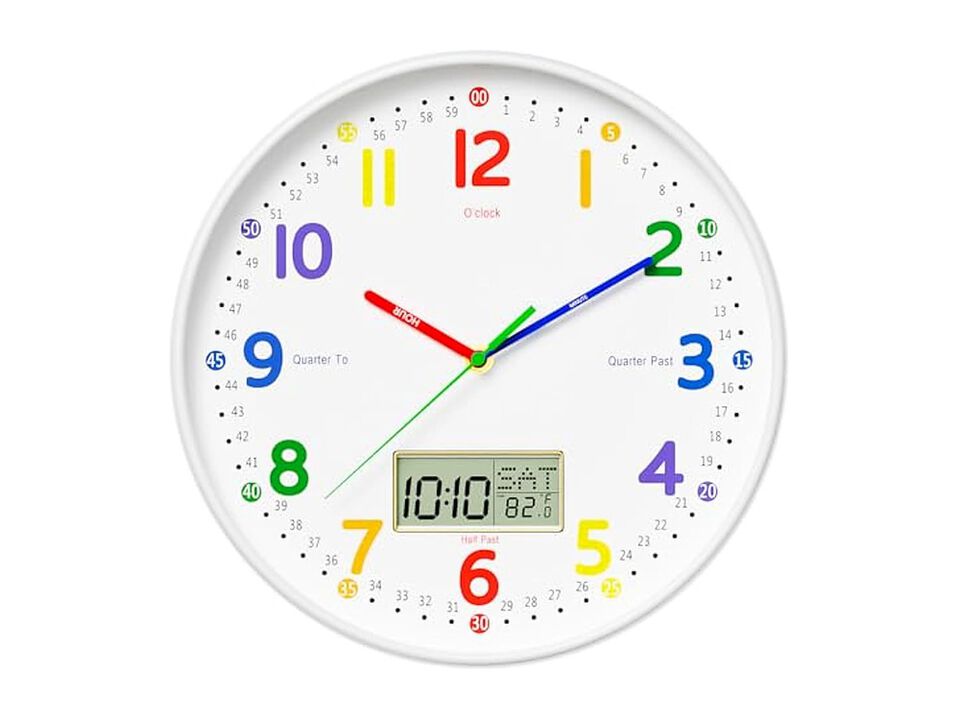 Teaching LCD Date Weekday Temperature Wall Clock 12 Inch Silent Non Ticking