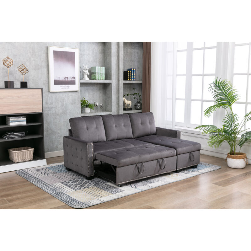 77 Inch Reversible Sectional Storage Sleeper Sofa Bed, L-Shaped 2 Seat Sectional Chaise With Storage, Skin-Feeling Velvet Fabric, Dark Grey Color For Living Room Furniture