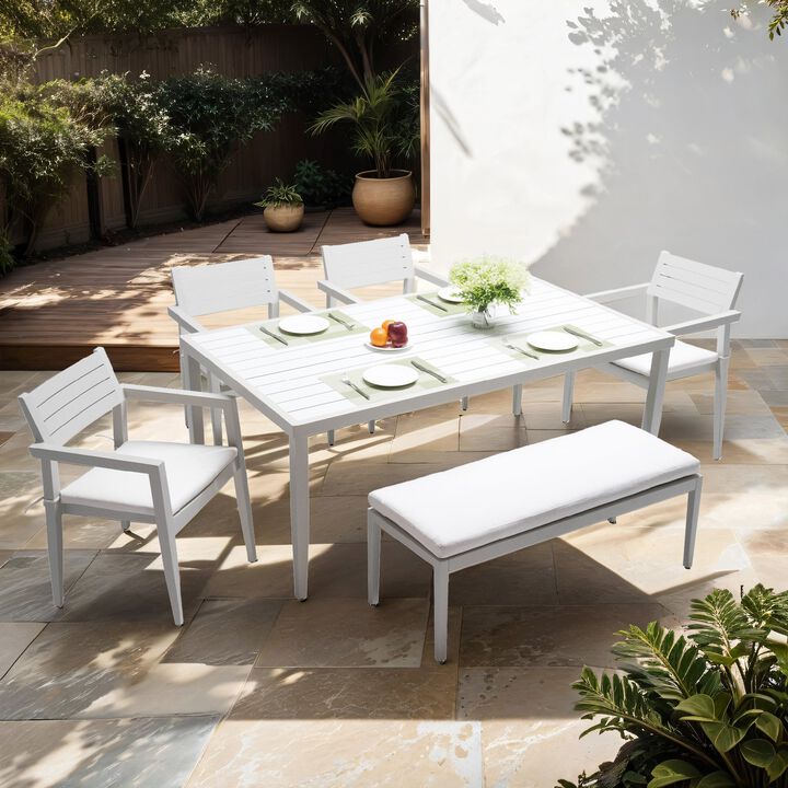 MONDAWE 6-Piece Modern Aluminum Patio Dining Set with 4 Chairs & 1 Dining Bench and Rectangle Table with Umbrella Hole