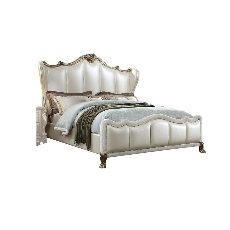 Ally California King Bed, White Faux Leather Victorian Carved, Silver - Benzara