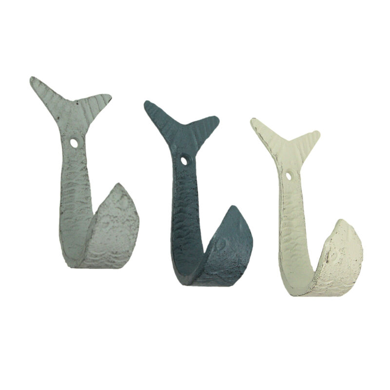 Set of 3 Cast Iron Flipping Fish Wall Hooks 4 Inches Long&ndash; Easy to Hang - Blue ,Gray, White - Coastal Decor Perfection for Beach Towels, Keys or Coats image number 0