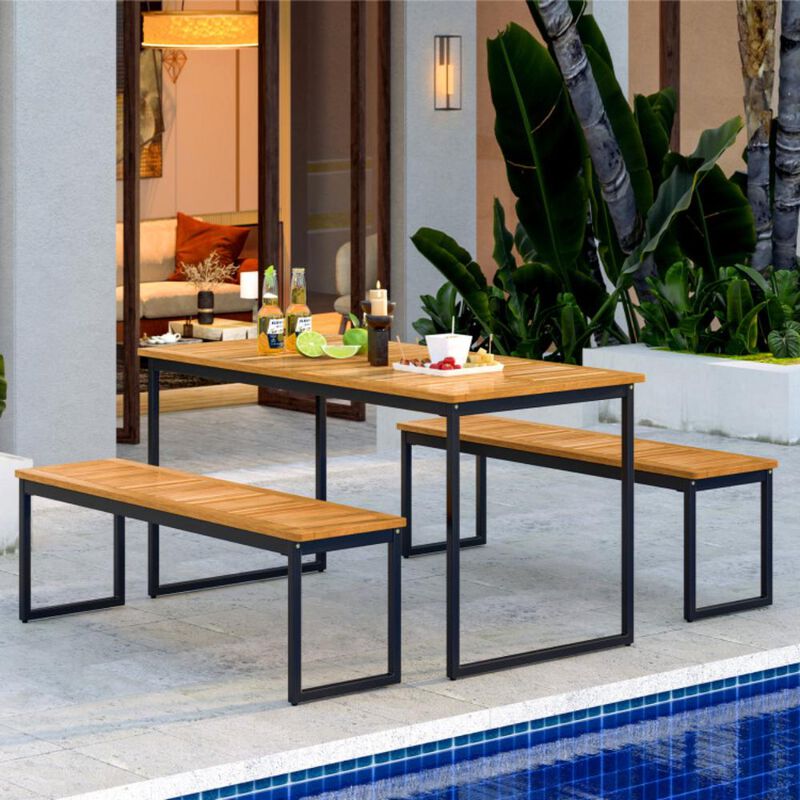 Hivvago Patio Dining Bench Backless with Slatted Seat and Metal Legs