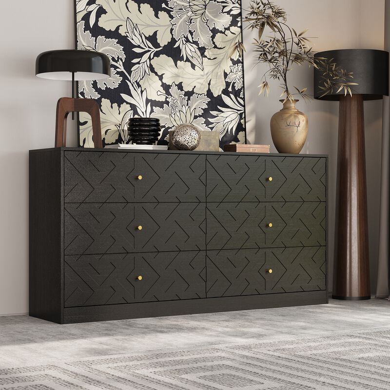 FUFU&GAGA Black 6-Drawer Storage Cabinet with Embossed Texture, Gold Tapered Pulls and Textured Finish, 63" W x 15" D x 32.3" H