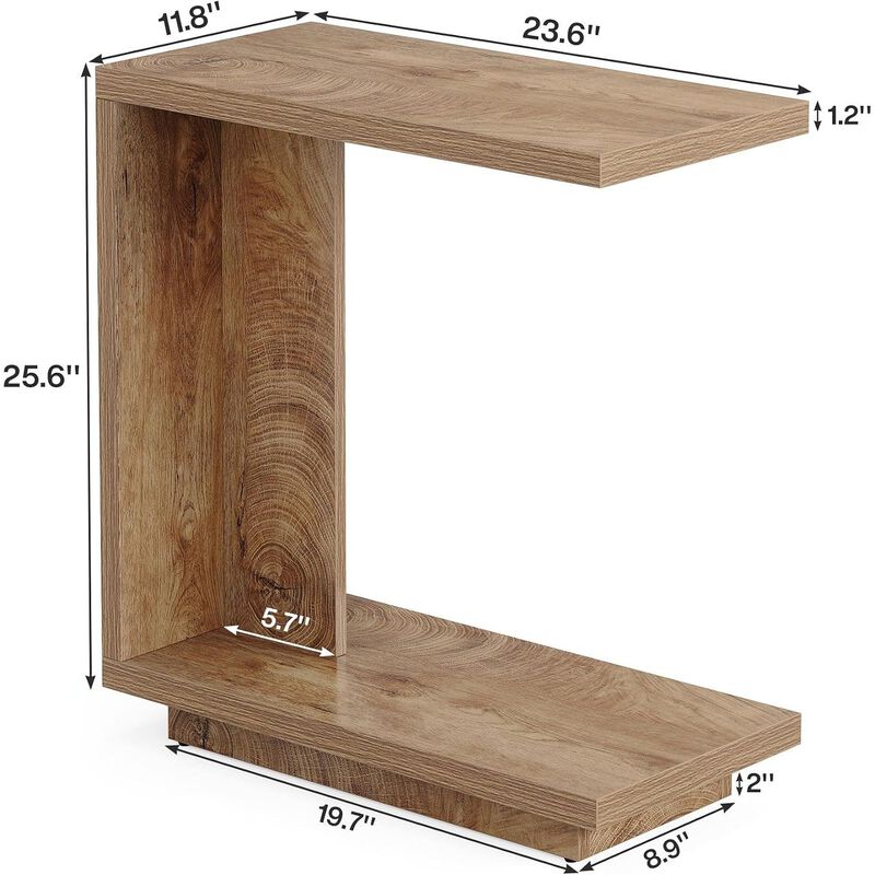 C Shaped End Wood Table with 2 Shelves, Slim Nightstand, Slides Over Sofa or Bed image number 5