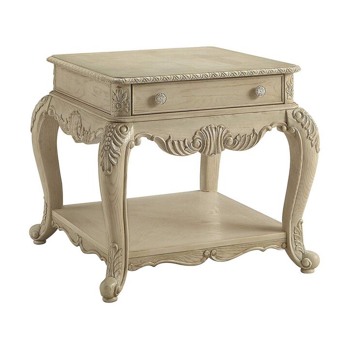 Wooden End Table With One Drawer And Bottom Shelf, Antique White-Benzara