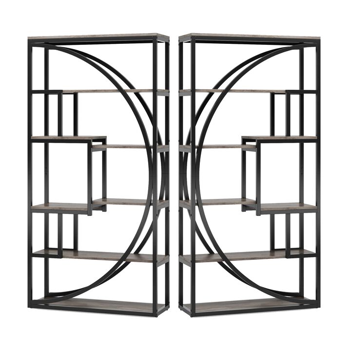 Modern Bookcase, 5 Tier Geometric Display Shelves, 71 Inch Black Metal - Benzara