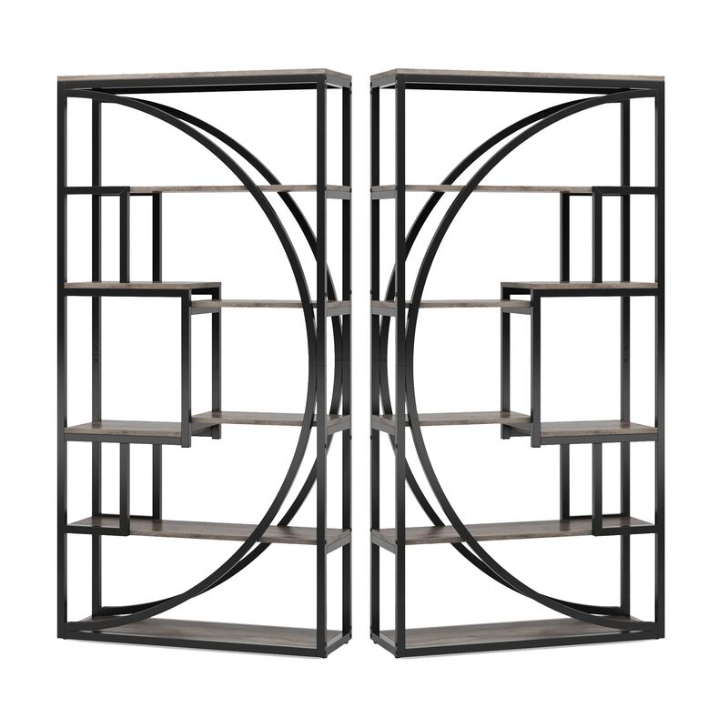 Modern Bookcase, 5 Tier Geometric Display Shelves, 71 Inch Black Metal - Benzara