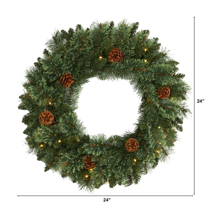 HomPlanti 24" White Mountain Pine Artificial Christmas Wreath with 35 LED Lights and Pinecones