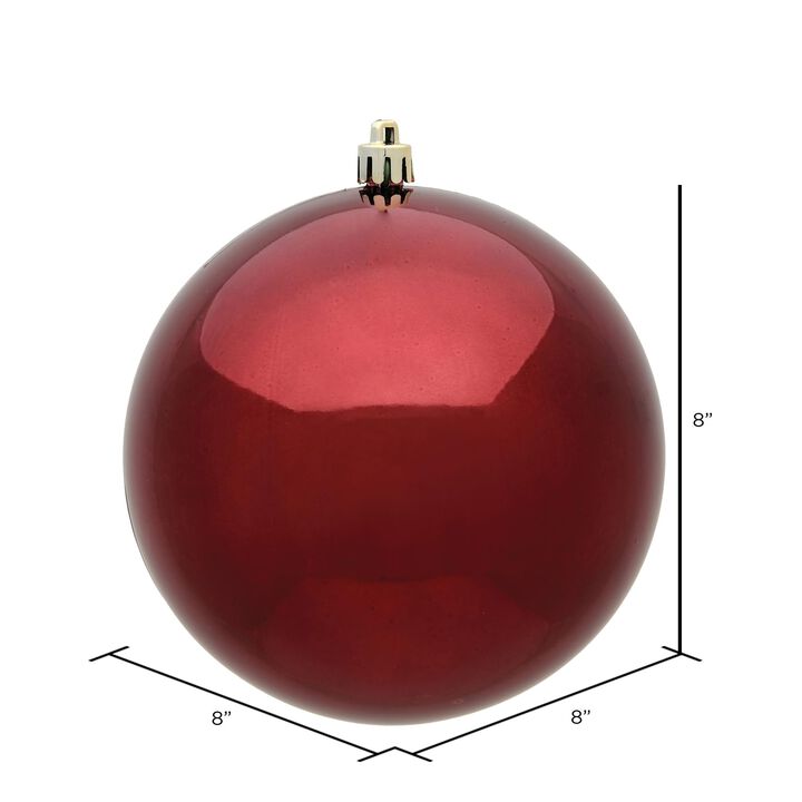 Vickerman 8" Burgundy Shiny Ball Ornament - Shatterproof & UV Resistant Plastic - Drilled Cap with Floral Wire - Ready to Hang - Cap is Drilled and Looped