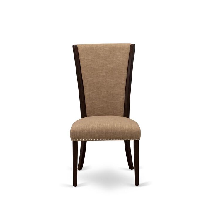 East West Furniture - Set of 2 - Upholstered Dining Chair- Wooden Chairs Includes Mahogany Solid Wood Structure with Light Sable Linen Fabric Seat with Nail Head and Stylish Back