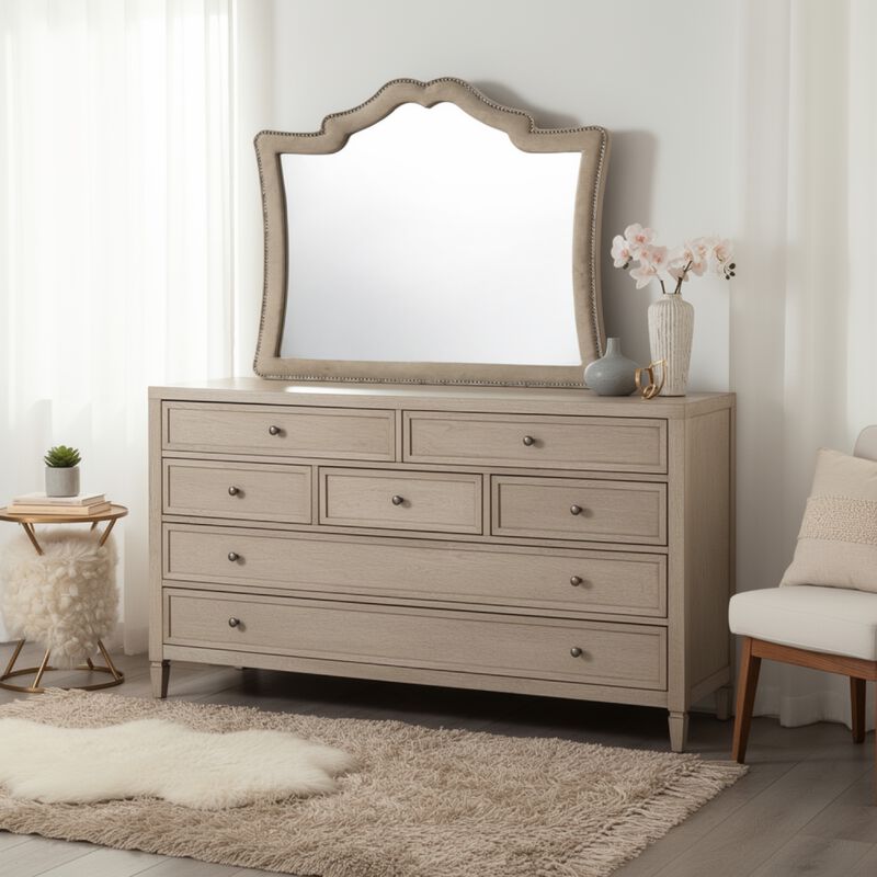 Lino Dresser Mirror, Curved Frame, Nailhead Trim, Cream Velvet 43 Inch image number 8