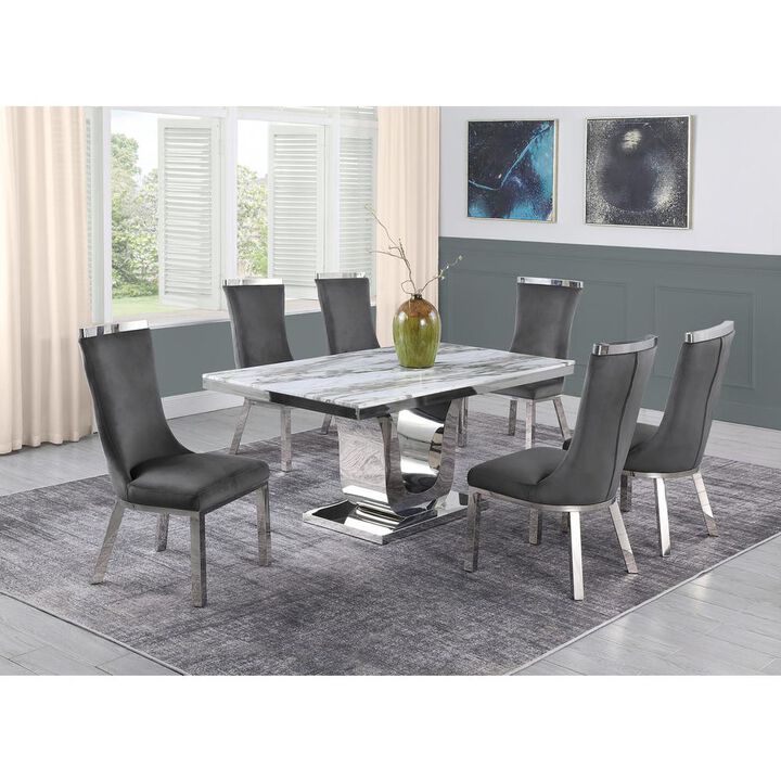 7pc dining set- Recatngle Marble table with a U shape base and 6 side chairs in Dark Grey