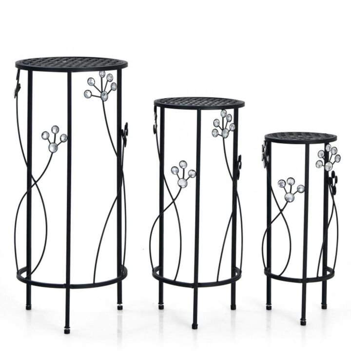 Hivvago 3 Pieces Metal Plant Stand Set with Crystal Floral Accents Round-Black
