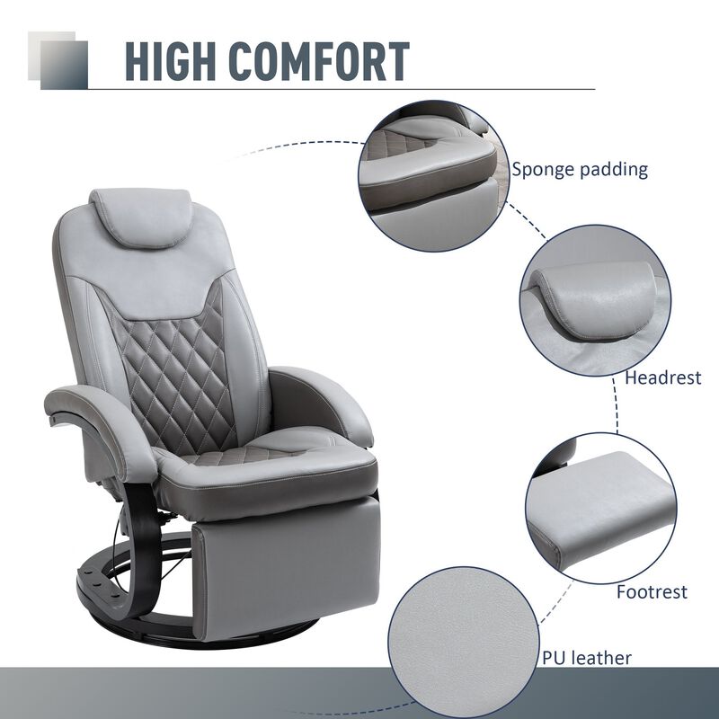 PU Recliner Reading Armchair with Footrest, Headrest, Round Wood Base for Living Room, Bedroom, Office - Grey image number 6