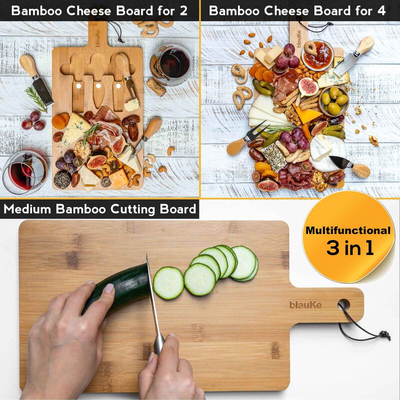 Bamboo Cheese Board and Knife Set - 12x8 inch Charcuterie Board with Magnetic Cutlery Storage - Wood Serving Tray with Handle image number 5