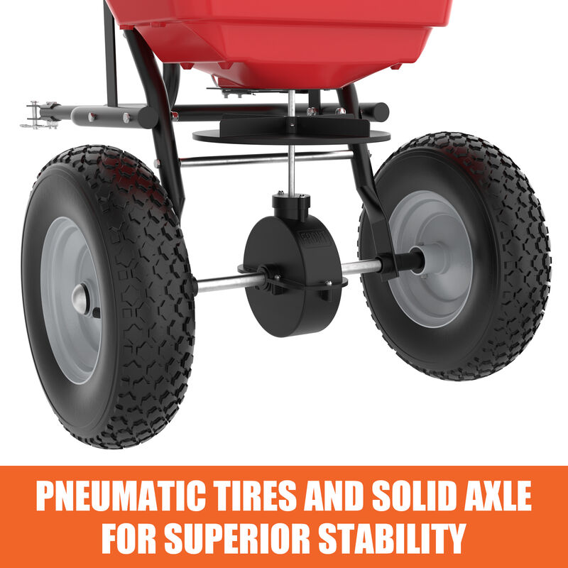 FUFU&GAGA 80lb Tow-Behind Spreader &ndash; Durable Red Frame, Rubber Pneumatic Tires, Adjustable Feed Control, (22.8" L x 16.1" W x 30.3" H), red image number 8