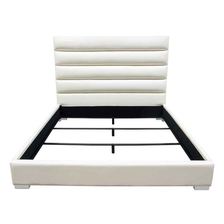 Hela Queen Size Bed, Channel Tufted White Faux Leather Upholstery