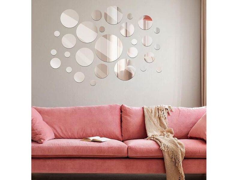 28-Piece Round Mirror Tile Set &ndash; Frameless Glass Wall D&eacute;cor with Adhesive
