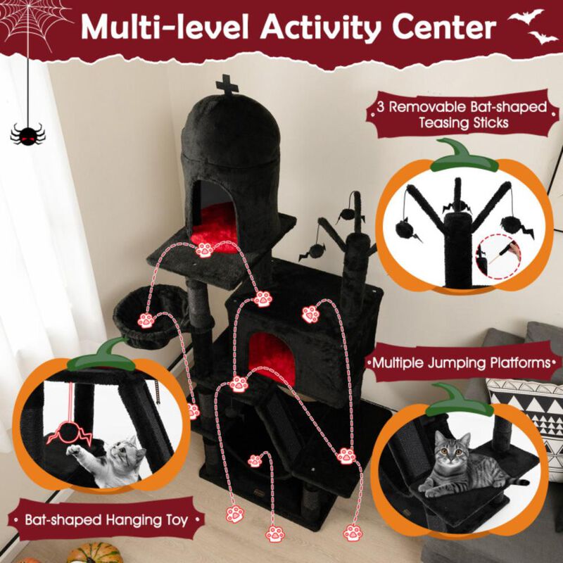 Hivvago Gothic Cat Tree with 2 Cat Condos and Spooky Dangling Ball for Indoor Cats