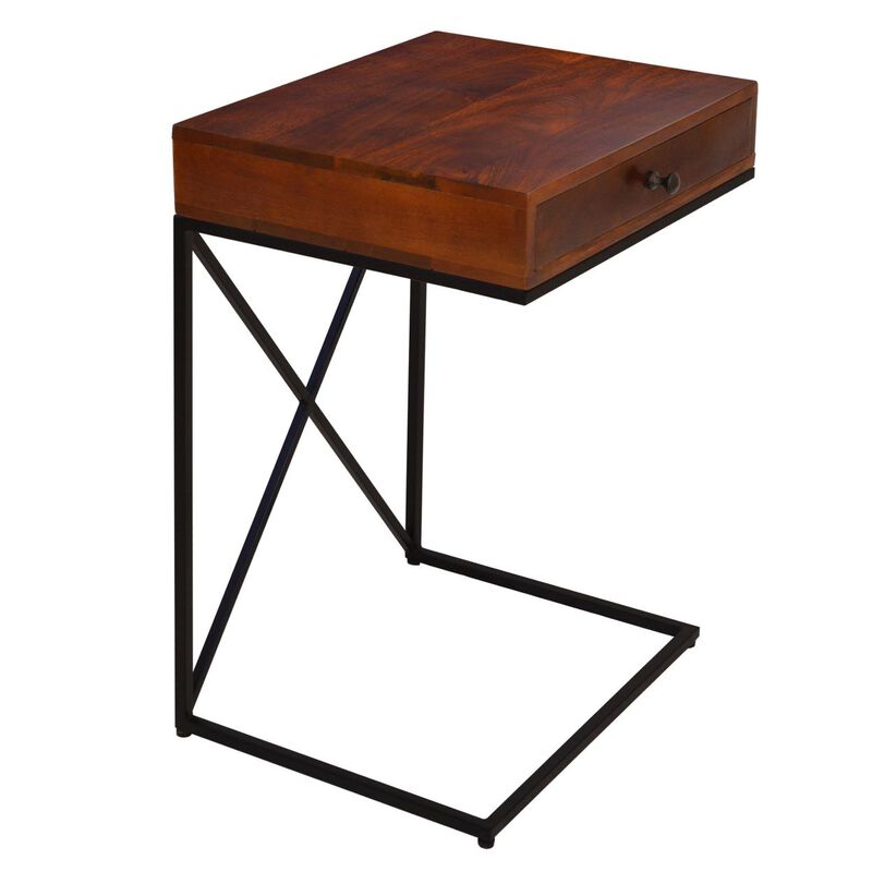 Wooden Sofa Side Table with 1 Drawer and Metal Frame, Brown and Black
