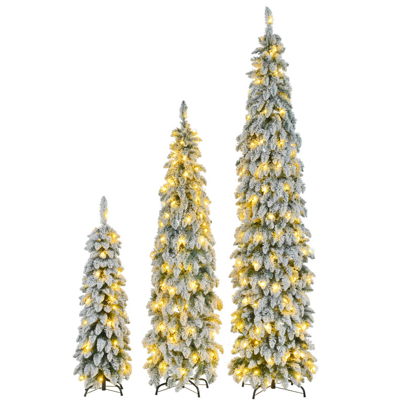 Whisen 8FT, 6FT, 4FT Pre-Lit Pencil Christmas Trees, 3-set Slim Artificial Christmas Tree With Snow Flocking, Xmas Holiday Decoration Tree, 1455 Branch Tips, 520 LED Lights image number 3
