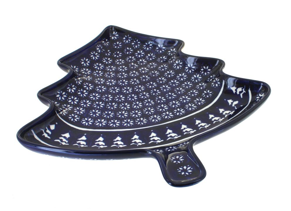 Blue Rose Polish Pottery Winter Nights Christmas Tree Plate