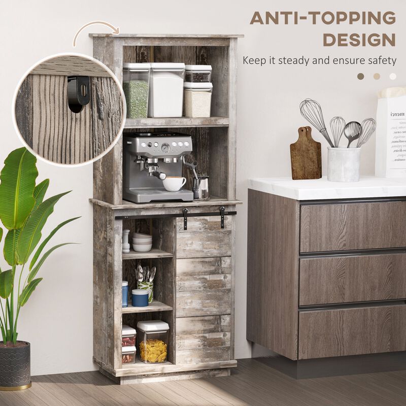 Vintage Wood Kitchen Organizer: 64.5" Buffet Hutch with Barn Door