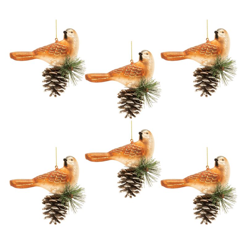 Woodland Christmas Ornaments Set – 6 Glittered Glass Bird and Pinecone Tree Decorations