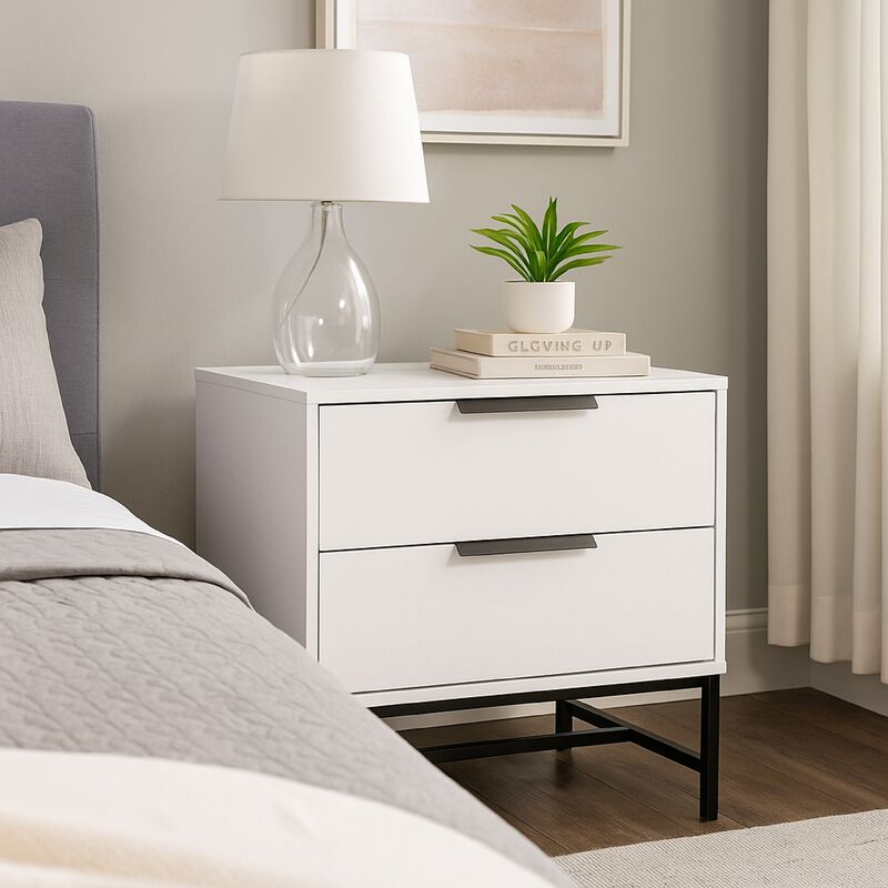 Noro Nightstand, 24 Inch, 2 Storage Drawers, Modern White, Black Metal