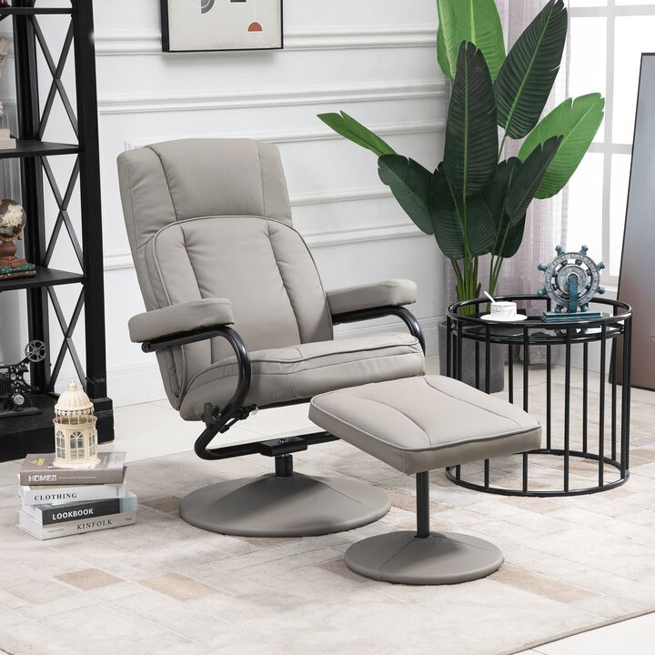 Swivel Recliner, Manual PU Leather Armchair with Ottoman Footrest for Living Room, Office, Bedroom, Grey