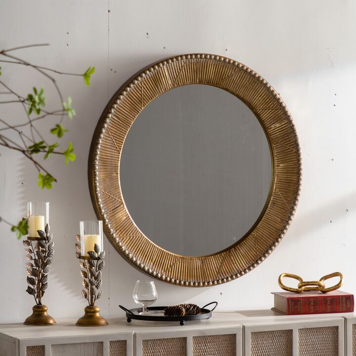31.3"Gold Textured Round Wall Mirror-Decorative Mirror, Boho Accent Mirror