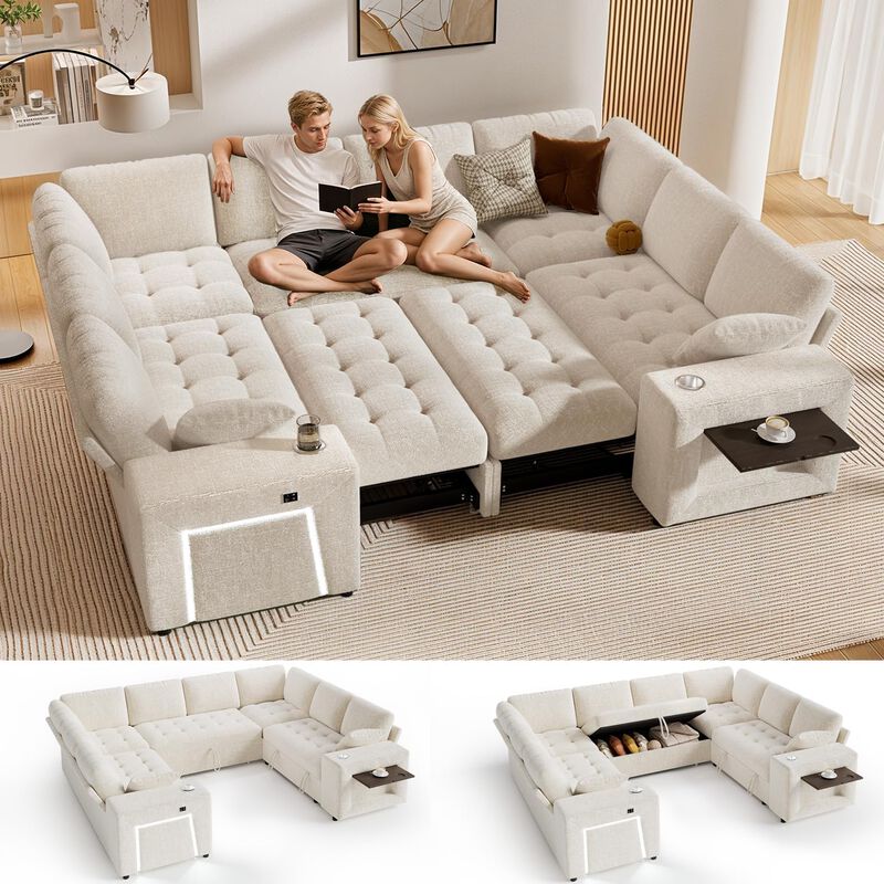 Vipbear 110" Modular Sectional Sleeper Sofa, 8-Seater Chenille U-Shaped Couch with Pull-Out Beds image number 2