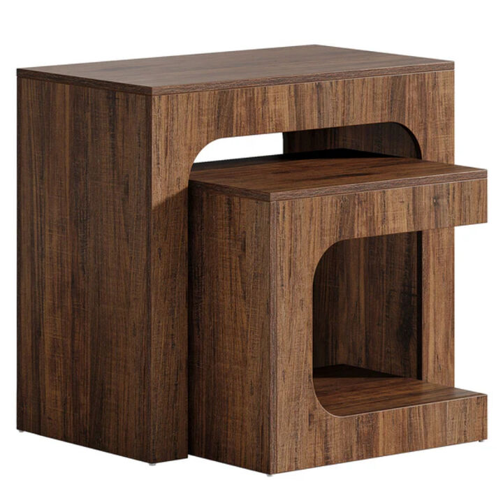 Set of 2 Nesting Side Table Set, Small End Table and Nightstand Set-Walnut