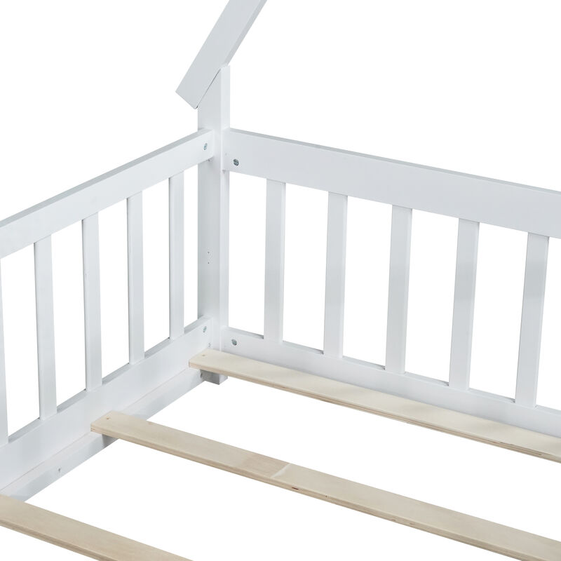 Whisen Wooden Teepee Tent Bed with Guardrails and Slats, Twin Floor Bed with Door for Kids image number 7