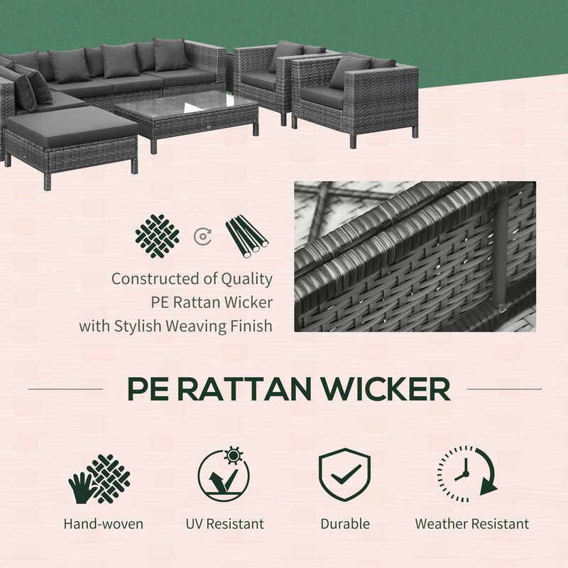9-Piece Rattan Wicker Outdoor Patio Sectional Furniture Conversation Set with Thick Soft Cushions, Footstool & Tea Table, Black
