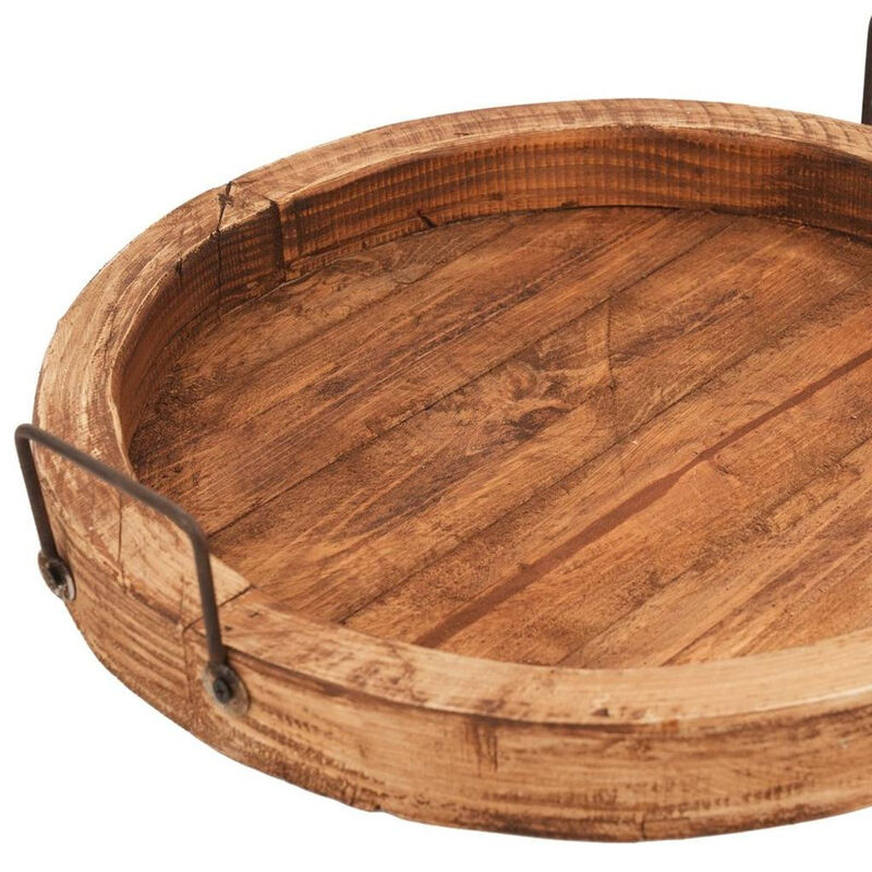 HomeRoots 15" Natural Solid Wood Handmade Round Serving Tray With Handles image number 2