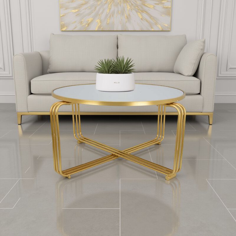 Plant Stand Coffee Table, 37 Inch Round Mirror Top, Modern Gold Metal - Benzara