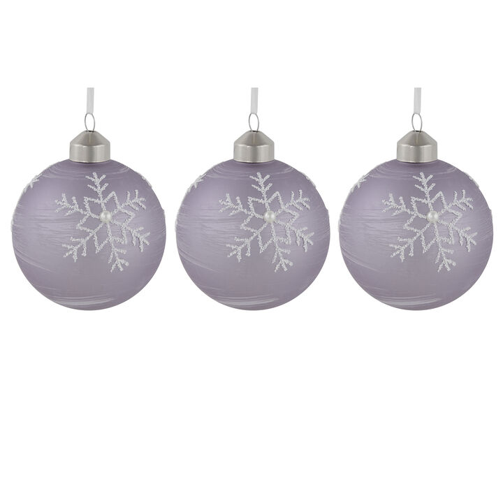 3ct Purple Glass Ball Christmas Ornaments with Snowflakes 3" (80mm)