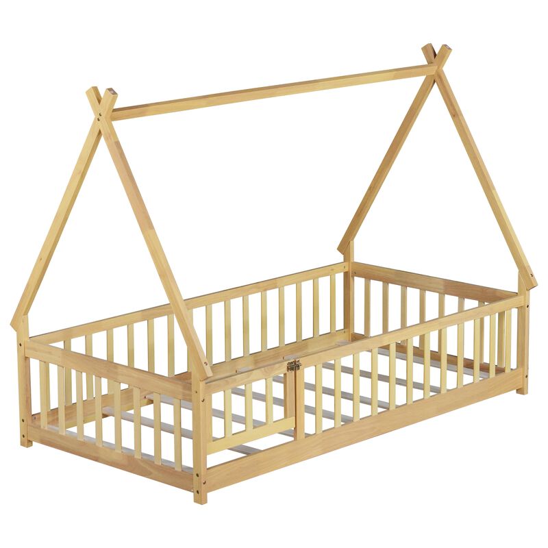 Whisen Wooden Teepee Tent Bed with Guardrails and Slats, Twin Floor Bed with Door for Kids image number 7