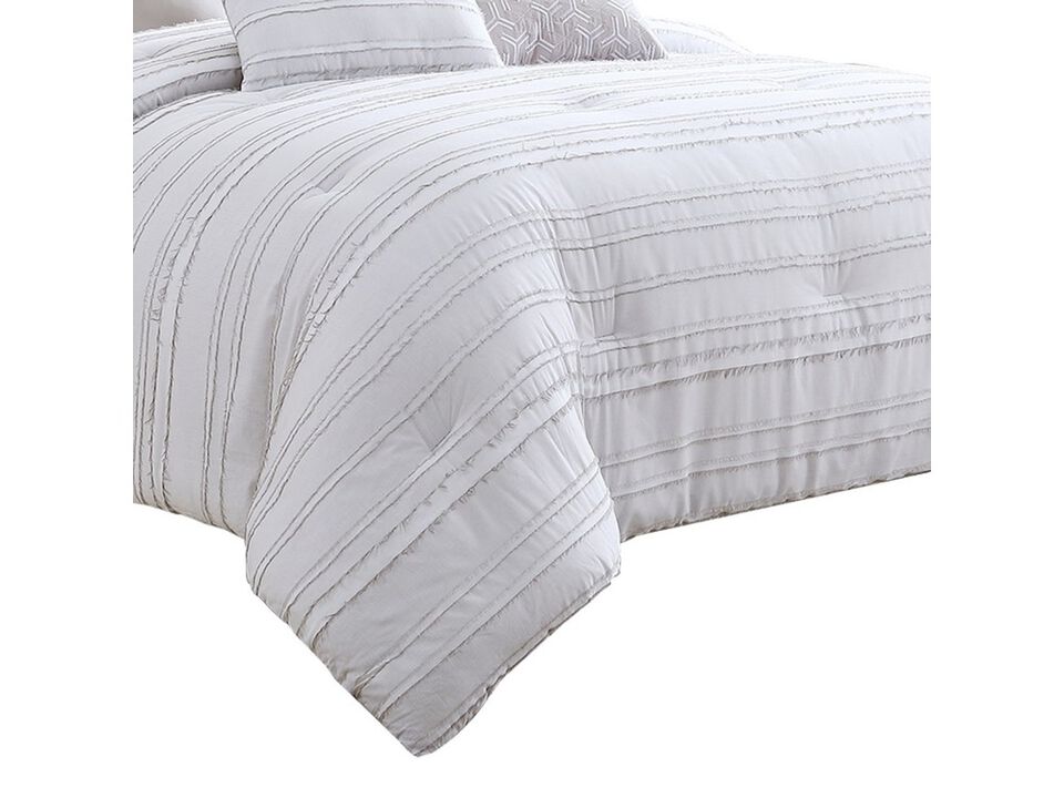 6 Piece Queen Cotton Comforter Set with Frayed Edges, White and Gray - Benzara