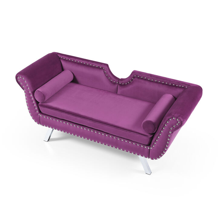 61" Width Modern Accent Velvet Upholstered Loveseat Settee Nailhead Trimming Curved Backrest Rolled Arms Couch with Removable Cushion Silver Metal Legs Living Room Set, Purple