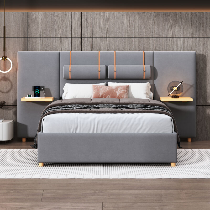 Merax Velvet Platform Bed  with Built-in Pillows