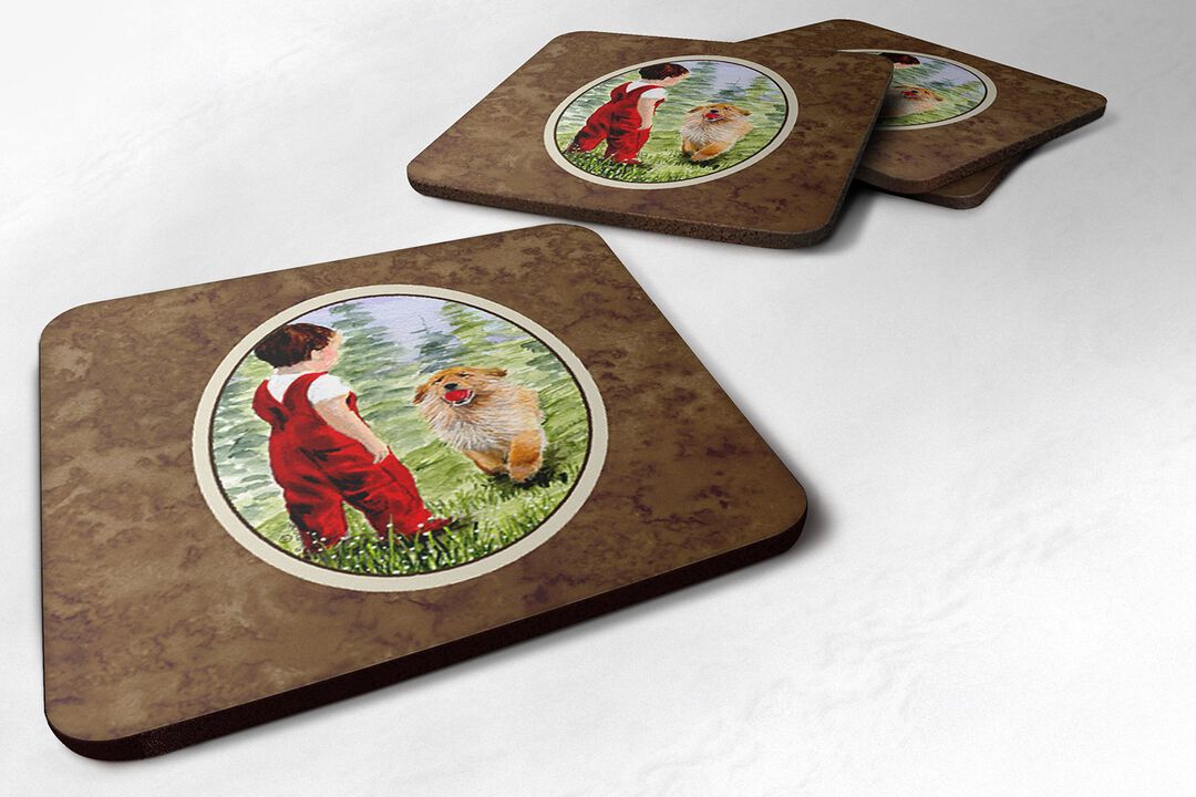 Caroline's Treasures SS8545FC Little Boy with His Golden Retriever Foam Coasters (Set of 4), 3.5 H x 3.5 W, Multicolor