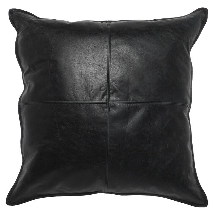 Norm 22 Inch Square Leather Decorative Throw Pillow, Stitched, Black - Benzara