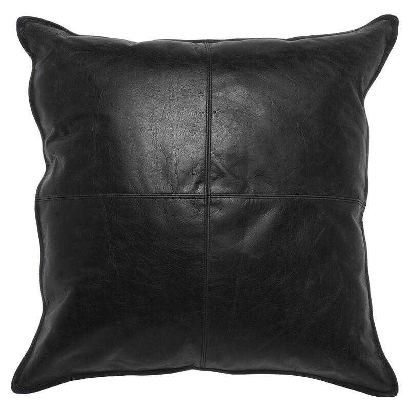 Norm 22 Inch Square Leather Decorative Throw Pillow, Stitched, Black - Benzara