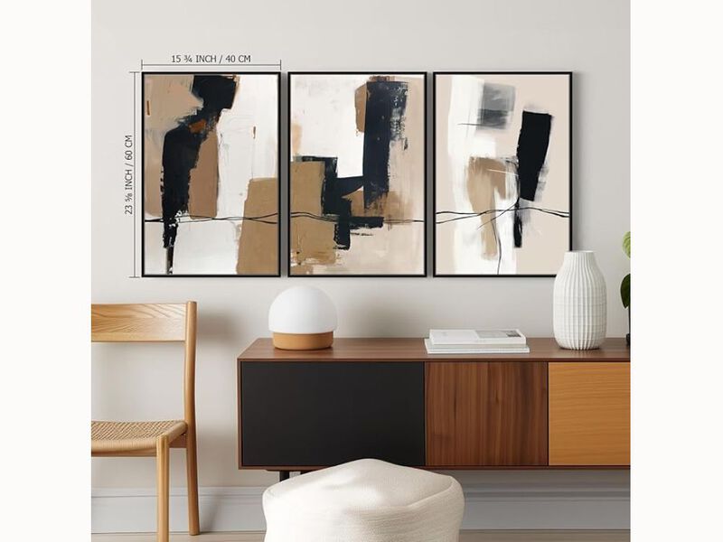 3-Piece Tan & Black Abstract Canvas Wall Art – Mid-Century Modern Framed Prints for Living Room, Bedroom & Office, 16×24