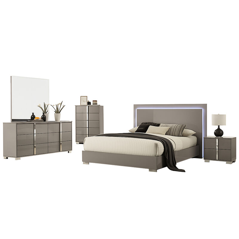 Suni 5pc Queen Bedroom Set w LED Headboard, Light Taupe Gray, Tall Dresser image number 2