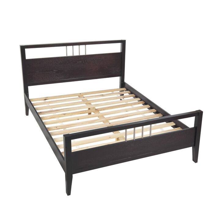 Fang Modern King Size Bed, Sleigh Headboard, Metal Bars, Espresso Brown  - Benzara